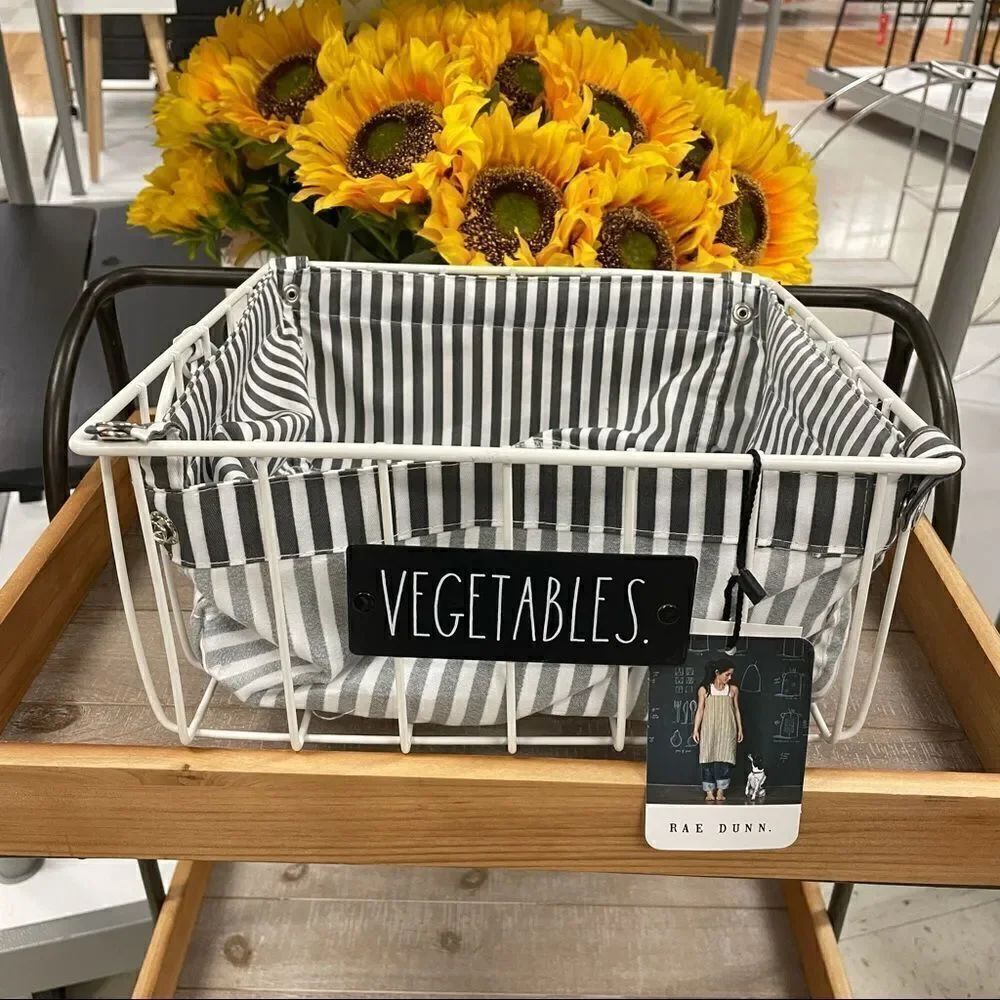 NWT Rae Dunn Vegetables Basket White Gray Striped